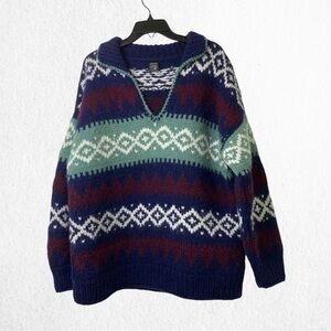 Vintage Handmade Wool Sweater Aztec Pattern Fairy Unisex Shawl Collar One Size